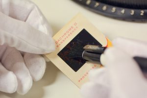 gloved hands cleaning a photo slide